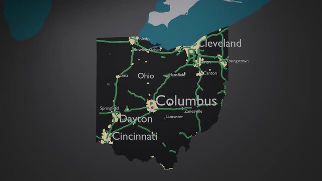 Ohio, USA 3D Digital Map Animation - Reveal of Roads, Cities & Boundaries, 4K Zoom In Reveal