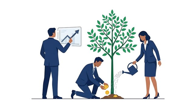 Business team nurturing a young tree representing growth and investment