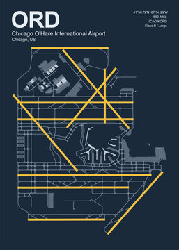 Chicago OHare, ORD, Chicago, Illinois, United States, airport map, runway diagram, airport layout, aviation art, flight poster, dark blue poster, aviation decor, terminal layout, ICAO KORD, navigation