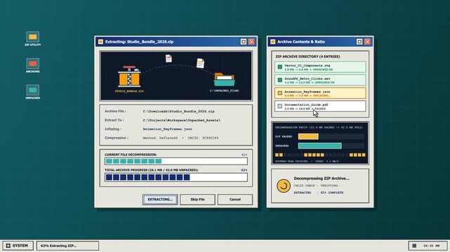 Retro User Interface Animation of Archive File Extraction Process