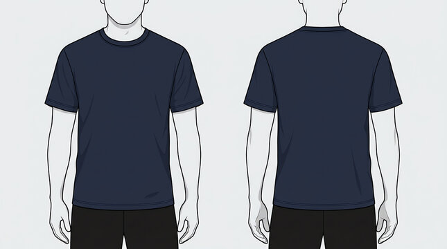 Blank Navy Blue Short Sleeve T-Shirt for Template on White Background. Front and Back Views