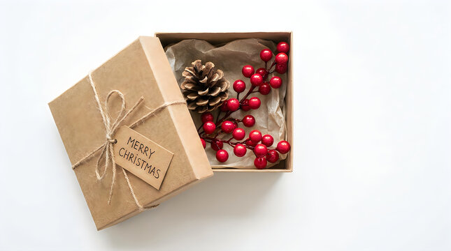 A beautifully wrapped rustic christmas gift box filled with festive decorations creating a warm and inviting holiday scene