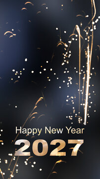 happy new year 2027 text on vertical new year card for social media, abstract blurred fireworks on midnight sky with copy space