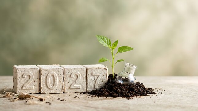 A small green plant growing in soil next to four paper blocks labeled 2027 on table with tiny glass flask resting dirt wooden surface