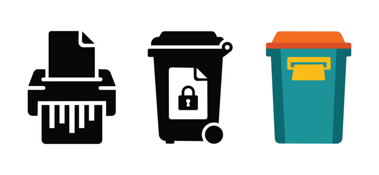 Secure document destruction, paper shredding, and confidential waste disposal vector icon set featuring paper shredder, locked waste bin, and drop box