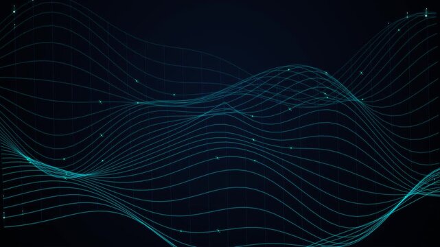 High-end 4K motion graphics animation featuring a digital topography surface with contour lines, glowing ridges, traveling light pulses, and sequential data node activations in a seamless loop.