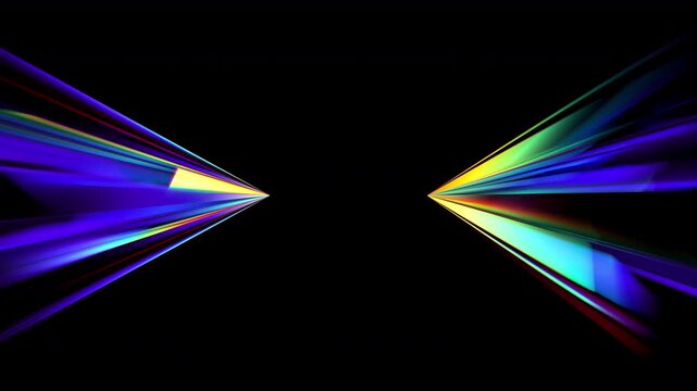 Two futuristic luminous prisms rotate and glide toward the center. Rotating glass prisms with colorful beams creating rainbow dispersion. Glowing light blades converge from opposite sides. 4K video