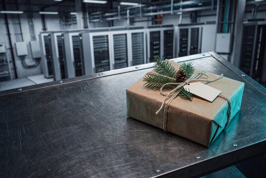 Christmas holiday seasonal event gift box on server rack table