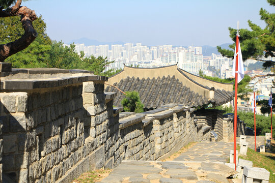 Suwon Hwaseong Fotress with View of Suwon City in the Background, South Korea