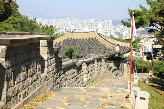 Suwon Hwaseong Fotress with View of Suwon City in the Background, South Korea
