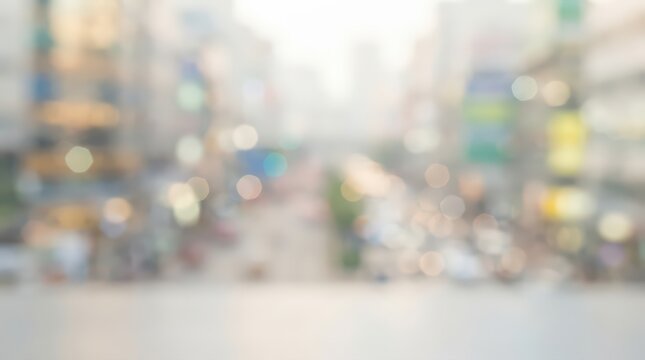 Abstract city street scene featuring soft bokeh lights and blurred urban architecture. This out of focus background provides a versatile texture for design projects and overlays.