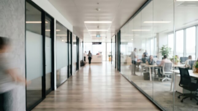 Busy office corridor with glass partitions and blurred employees walking through the hallway. Professional workspace environment showing people working at desks in the background.