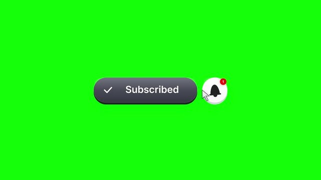 Animated subscribe button with bell notification icon isolated on a green screen chroma key background