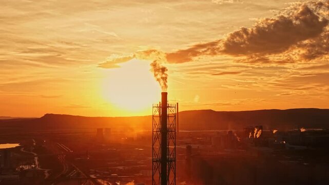 A flare stack releases smoke above an industrial plant at sunset, with factory structures and hills in the distance under an orange sky.