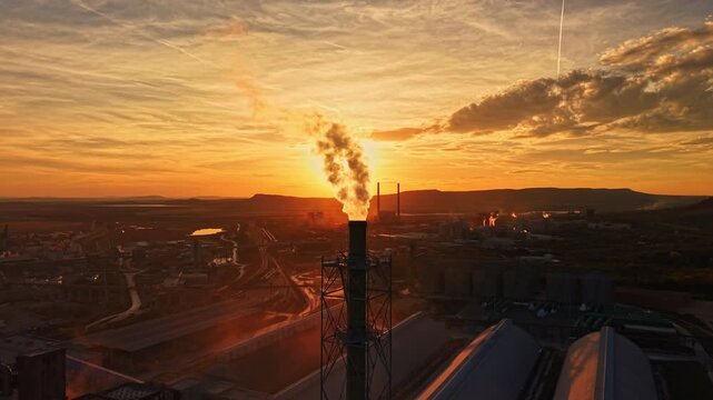 Steam rises from a stack at an industrial mining site at sunset, while rail lines, roads, and plant buildings extend across the landscape.