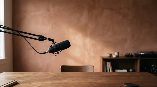 A professional podcast microphone on an adjustable boom arm in a warm toned studio interior