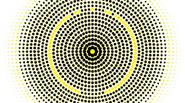 Abstract radial halftone pattern with yellow and black dots