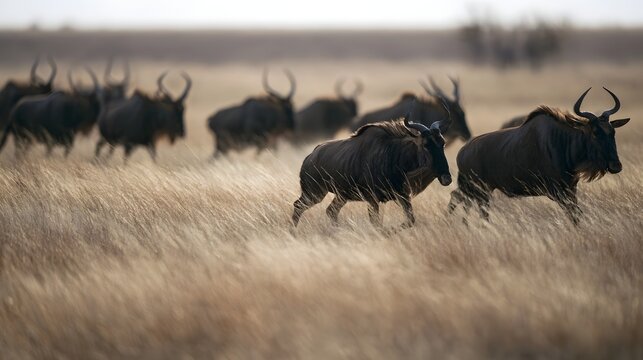 A herd of wildebeests moves through tall golden grass in an open savanna landscape under soft natural light