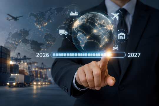 Supply chain synchronization 2026-2027 progress bar timeline with businessman touching digital dashboard globe icon for global logistics cargo management transition and optimization