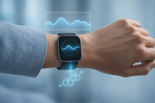 Smartwatch displaying continuous Cortisol sensor with calm blue wave graph for stress tracking wearable biometrics preventative mental health monitoring