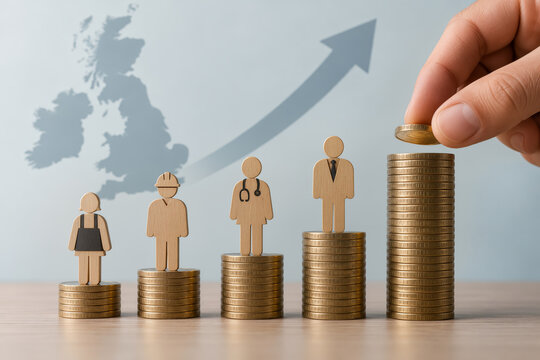 National Minimum Wage illustrated with wooden worker figures on rising coin stacks in front of UK map and upward arrow highlighting wage inequality income debate and pay policy impact