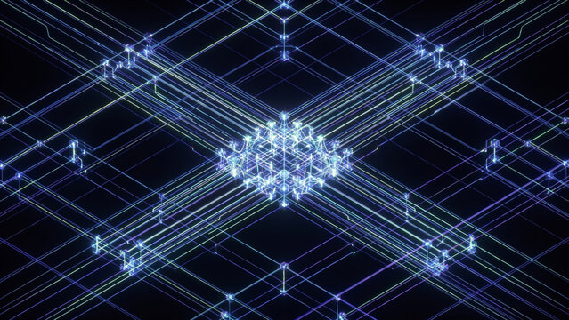 暗視野に広がる量子データハブクラスターと光波導路の格子構造を捉えた画像