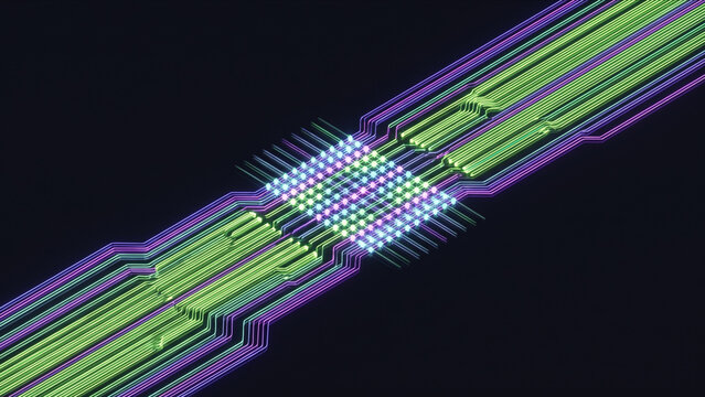 暗視野に広がる量子データハブクラスターと光波導路の格子構造を捉えた画像