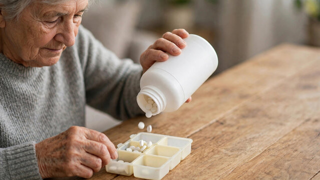 Elderly person pouring pills from large bottle into daily organizer