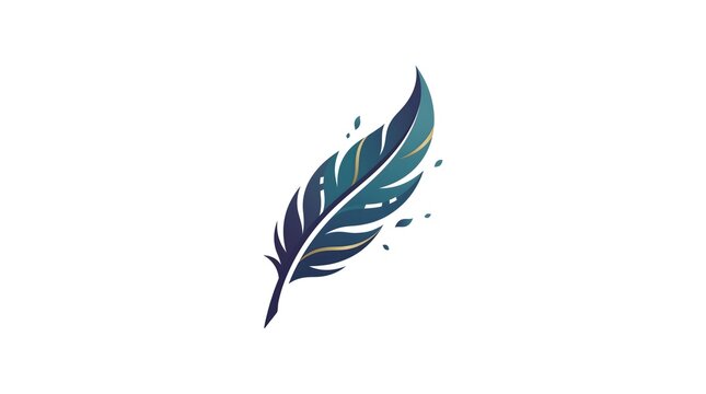 Elegant vector illustration of a stylized feather quill pen with teal, dark blue, and gold accents, isolated on a white background. Perfect for a logo, icon, or creative writing concept.