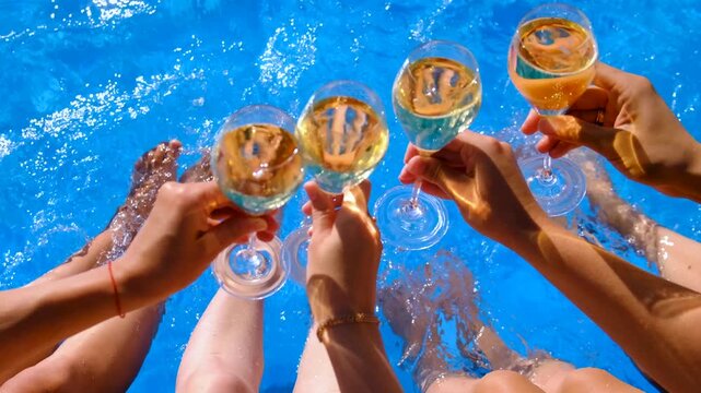 Champagne by the pool. Selective focus.