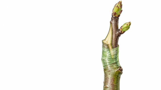 Close-up illustration of a botanical graft wrapped with green tape, with two fresh spring buds emerging from a woody stem.