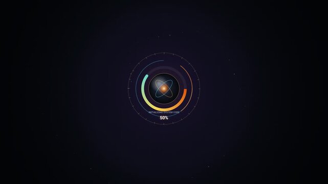 Futuristic 3D cosmic astrolabe loading icon with glowing energy rings and percentage counter, seamless loop animation for tech and UI design