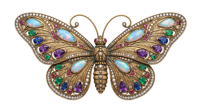 Vintage jeweled butterfly brooch, ornate antique gold butterfly pin with gemstones, luxury gemstone butterfly art isolated PNG with Transparent Background