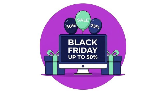 Black Friday online shopping sale banner with computer monitor and gift boxes.