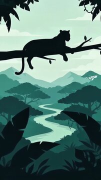 high angle vector illustration leopard resting on tree branch above tropical rainforest river