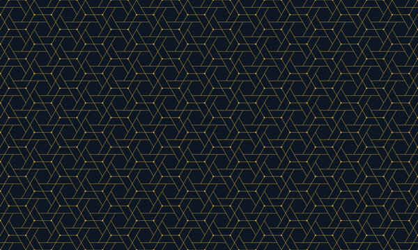 Elegant geometric gold pattern with hexagonal and triangular lines and dots on dark background