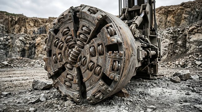 Large tunnel boring machine cutter head drilling into rocky quarry stone ground