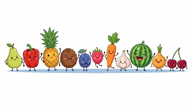 A cheerful line of cute cartoon fruits and vegetables with happy faces and poses, isolated on a white background. Perfect for healthy food concepts.