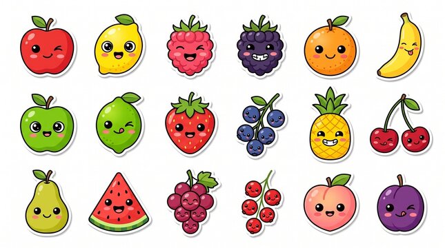 Cute kawaii fruit sticker set featuring smiling faces like apple, strawberry, lemon, banana, pineapple, and watermelon on a clean white background. 