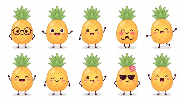A cute collection of ten cartoon pineapple characters displaying various playful emotions, poses, and fun expressions.