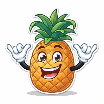 Cheerful cartoon pineapple mascot smiling happily while making cool shaka hand gestures with white gloves on a clean background.
