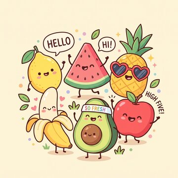 An adorable group of friendly cartoon fruit characters waving, smiling, and celebrating togetherness with fun speech bubbles.