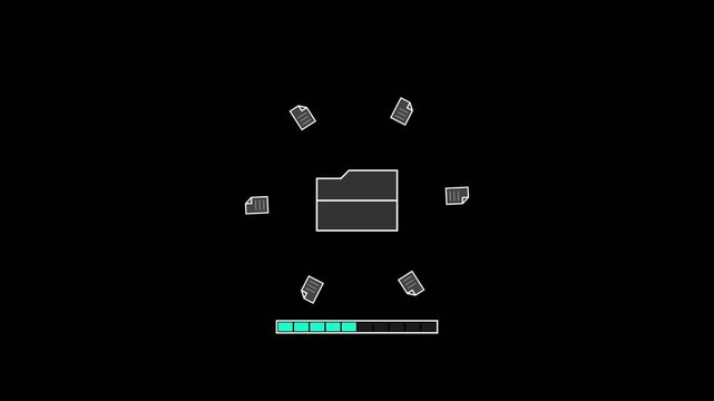 Retro 8-bit pixel art animation of a folder opening and extracting files with an animated progress bar, digital file icons, and an extraction complete message. Minimalist monochrome interface with cla