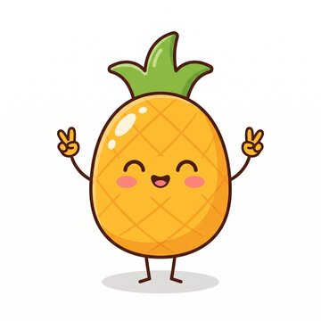 A cute cartoon pineapple character smiling happily and showing peace signs with both hands on a plain white background.