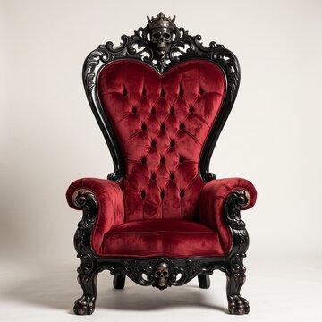 A luxurious gothic throne featuring deep red velvet tufted upholstery, a carved black frame, and striking crowned skull accents at the crest and base.   