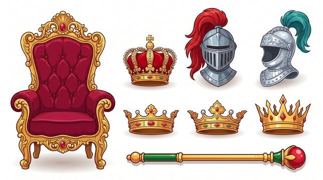 A set of royal medieval items featuring an ornate golden red throne, metallic knight helmets with plumes, jeweled crowns, and a royal scepter on a white background.