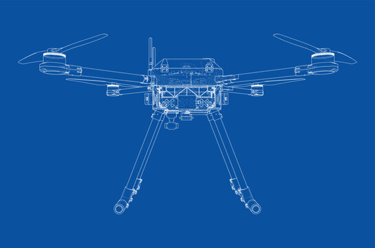 drone blueprint illustration on blue. Vector