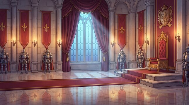 Grand medieval throne hall with a royal golden seat, red banners, knight suits of armor, and sunlight streaming through a stained-glass window.