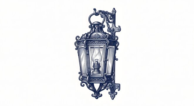 Deep navy monochrome engraving vintage ship stern lantern on white background