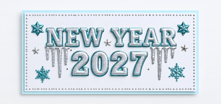 Festive New Year 2027 card featuring teal and silver designs with stars and icicles for holiday greetings.